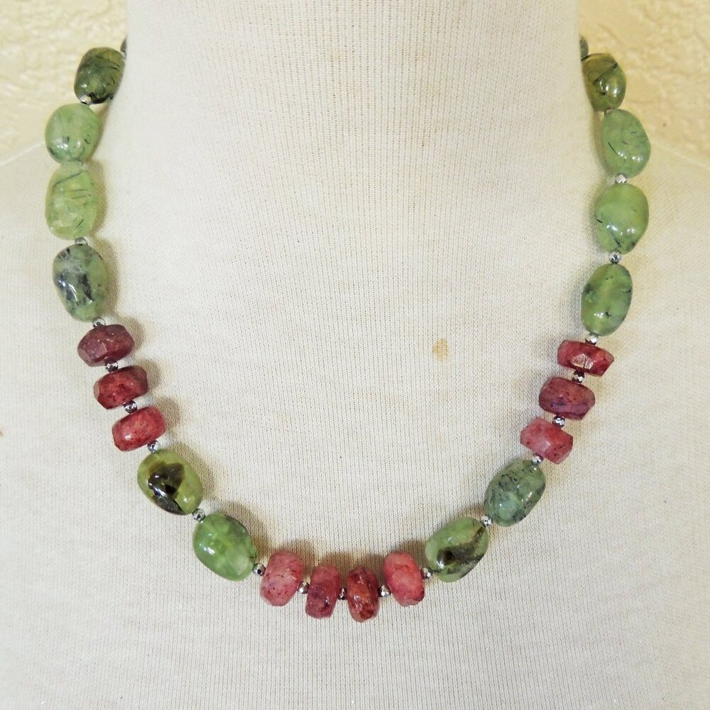 Sage Green Prehnite & Maroon Strawberry Quartz Beaded Strand Statement Necklace